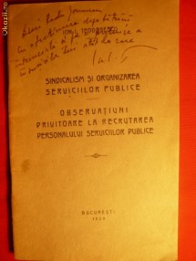 I.I.Teodorescu - Sindicalism si Org. Serviciilor Publice - 1934 foto