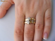 Inel designer italian aur 14K 2 culori, greutate masiva 11.6g, ornat cu 2 BRILIANTE foto