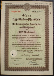 22. GERMANIA ACT IPOTECAR 100 REICHSMARK 30.09.1938 SCHWERIN foto