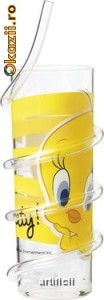 Pahar Fancy cu pai 35cl TWEETY YELLOW foto