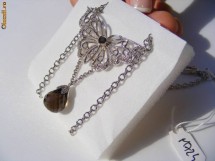 Colier ag 925 placat cu rodiu, 10g, pandant fluture ornat cu TOPAZ smoky si DIAMANTE foto