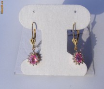 Superbi Cercei designer aur 14K, 2.5g, ornati cu 2 SAFIRE roz si 24 BRILIANTE, 1.28CT !!! foto