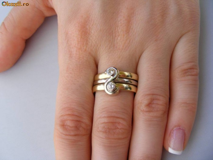 Inel designer italian aur 14K 2 culori, greutate masiva 11.6g, ornat cu 2 BRILIANTE foto mare