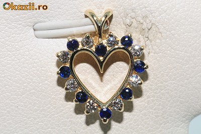 superb pandantiv inima aur galben 14K diamante si safire naturale foto mare