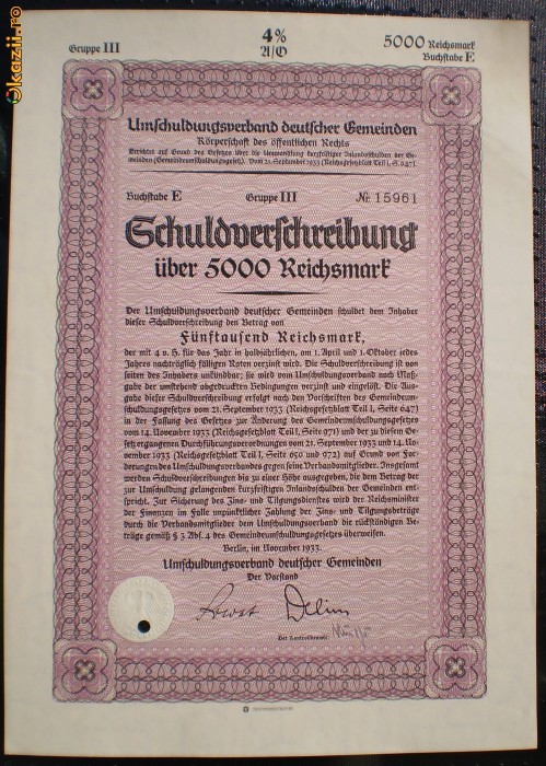 14. GERMANIA OBLIGATIUNE 5000 REICHSMARK 11.1933 BERLIN foto mare