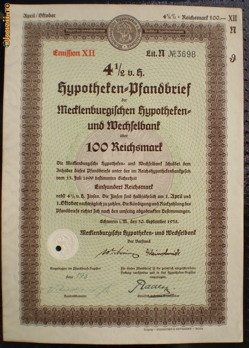 22. GERMANIA ACT IPOTECAR 100 REICHSMARK 30.09.1938 SCHWERIN foto mare