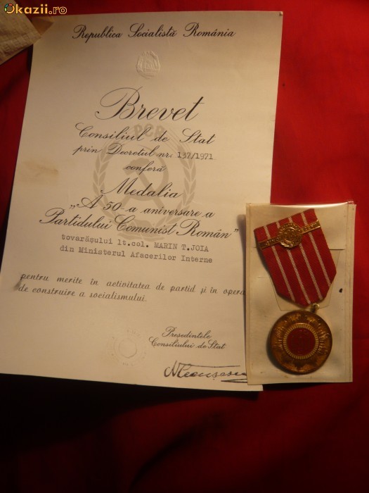 Medalie cu Brevet -  A 50-a Aniversare a PCR foto mare