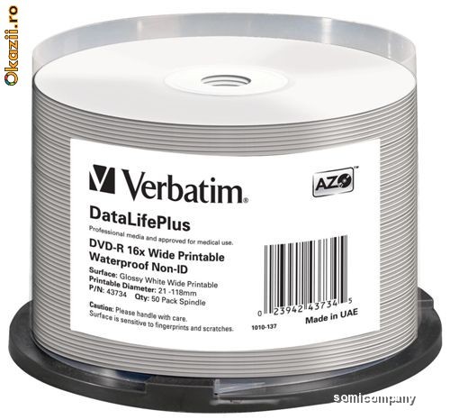 DVD-R VERBATIM 16X WIDE PRINTABLE WATERPROOF NO ID BRAND foto mare