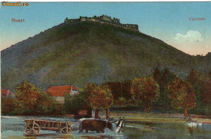 Carte postala Ilustrata fauna - car cu boi trecand raul langa castelul Huszt - Ucraina Transcarpatica foto mare