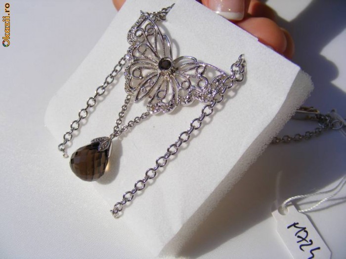 Colier ag 925 placat cu rodiu, 10g, pandant fluture ornat cu TOPAZ smoky si DIAMANTE foto mare