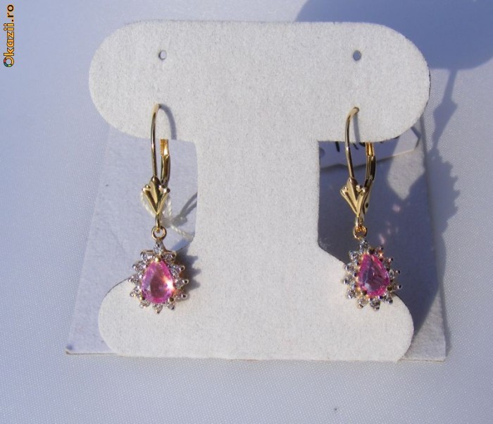 Superbi Cercei designer aur 14K, 2.5g, ornati cu 2 SAFIRE roz si 24 BRILIANTE, 1.28CT !!! foto mare