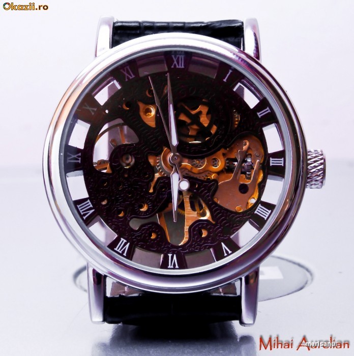 Ceas Mecanic Goer Soki Skeleton Black foto mare