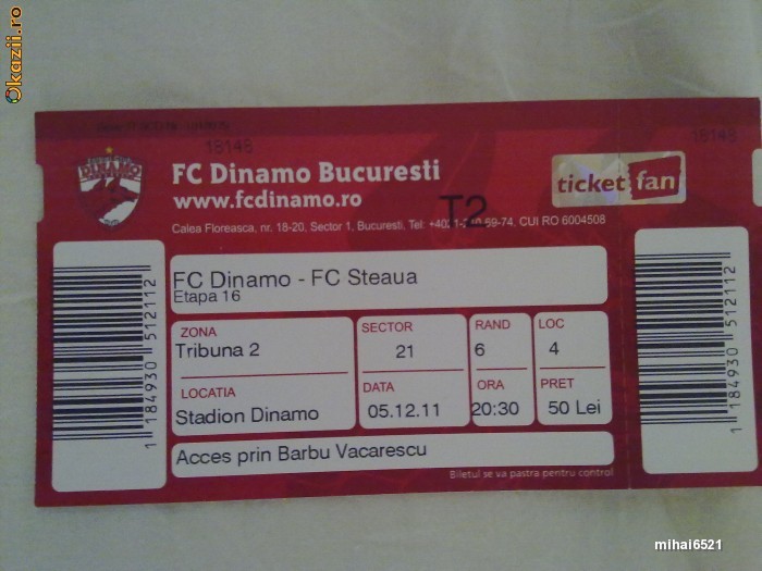 Bilet la Dinamo - Steaua din 05/12/2011 pentru colectionari foto mare