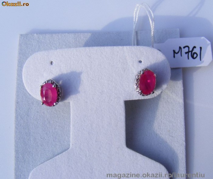 Cercei tip STUD aur 10K, 1.3g, cu 2 RUBINE de 7mm anturate cu 4 BRILIANTE !! foto mare