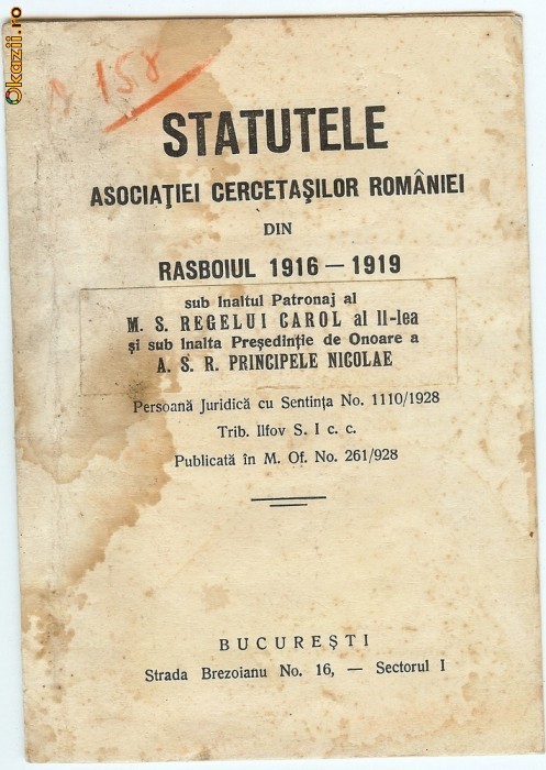 STATUTELE ASOCIATIEI CERCETASILOR ROMANIEI DIN RASBOIUL 1916-1919 foto mare