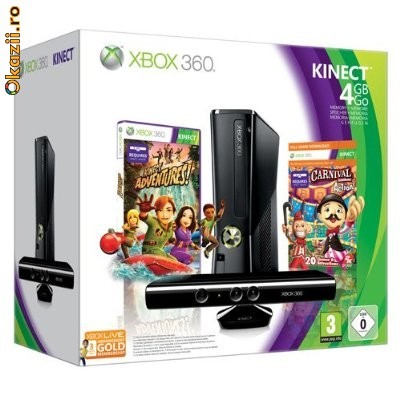 CONSOLA MICROSOFT XBOX 360 Slim  + KINECT + ADVENTURES + CARNIVAL + 3 LUNI XBOX LIVE foto mare