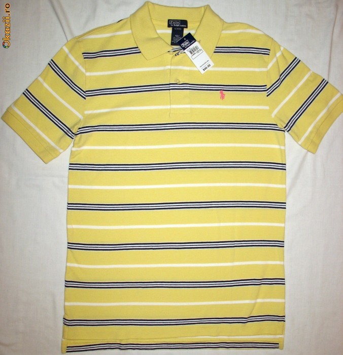 Tricou RALPH LAUREN, galben-dungi albe si bleumarin, polo pique, masura M foto mare