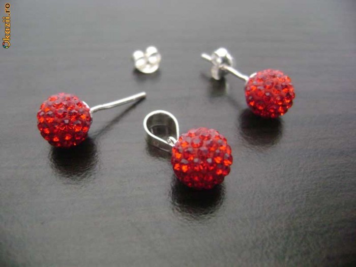SET BIJUTERII ARGINT MODEL GLOB CRISTALE SWAROVSKI ROSII CUTIE CADOU foto mare
