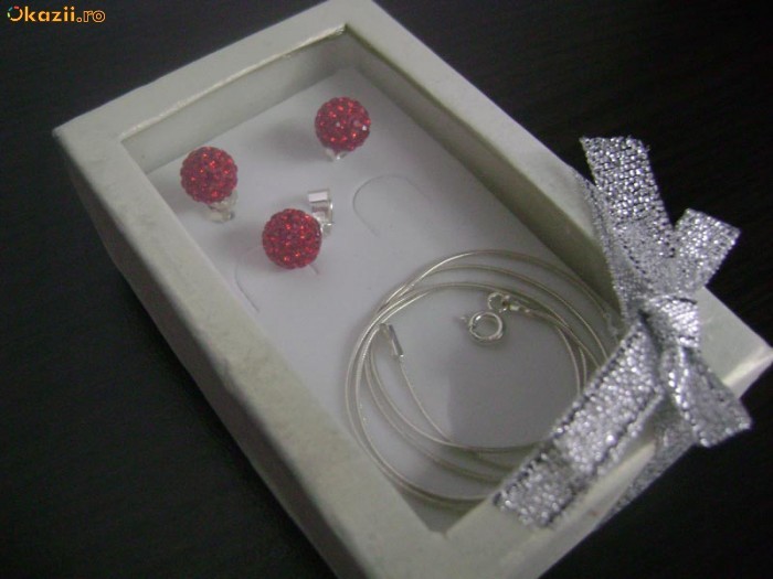 SET CADOU BIJUTERII ARGINT LANT CERCEI PANDANTIV CRISTALE SWAROVSKI ROSII foto mare