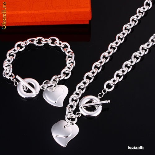 SET  PLACAT CU ARGINT 925 (marcat 925) format din LANT cu pandantiv INIMA DUBLA si BRATARA cu pandantiv INIMI DUBLE! Cadou perfect de Valentine's Day! foto mare
