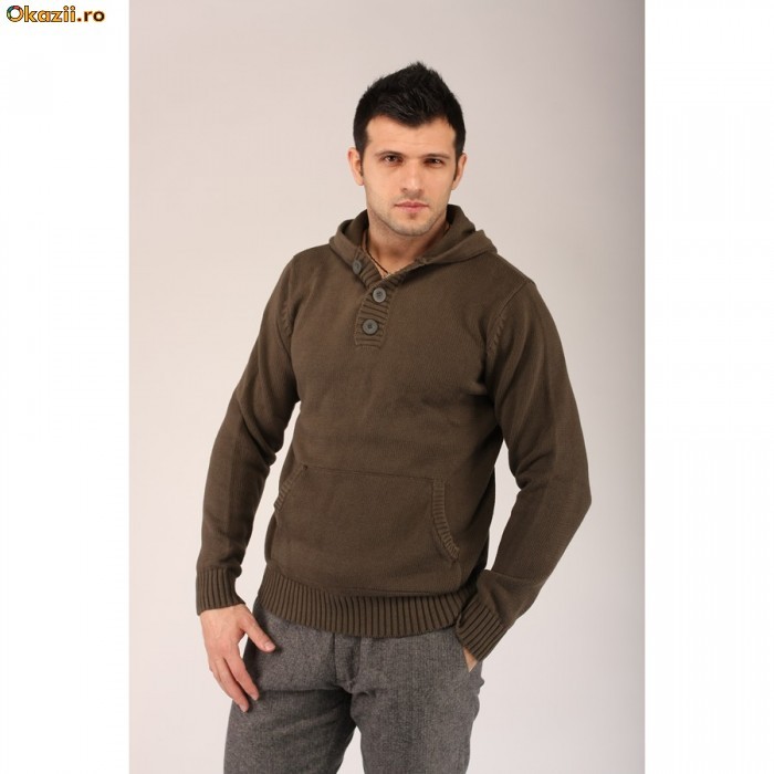 Pulover Selected Barbati Hoodi Button Neck foto mare